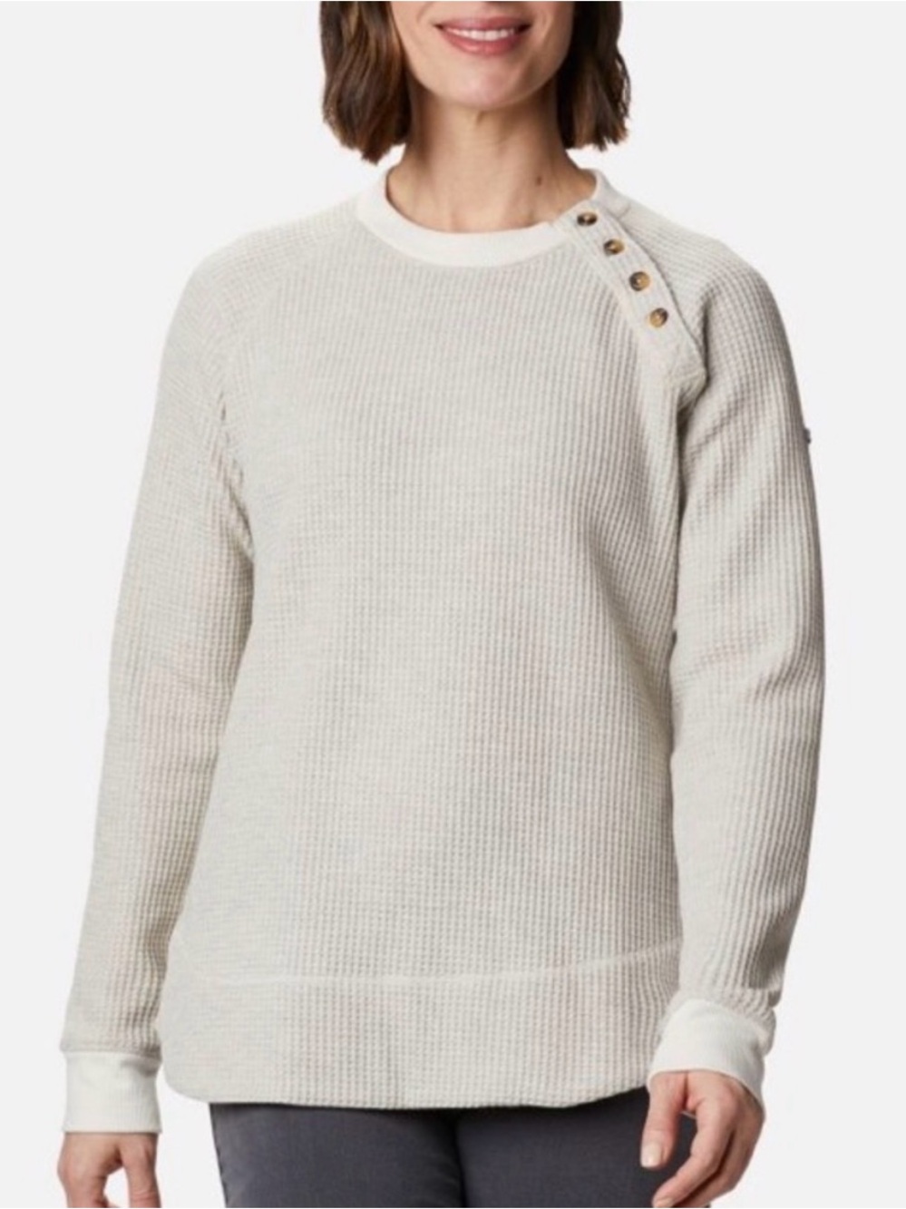 Columbia Cream Waffle Knit Long Sleeve Crew with Shoulder Buttons